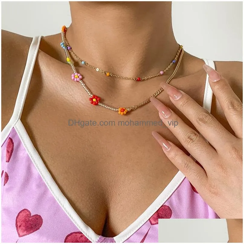 2022 sweet wind color floret rice bead necklace for women hip hop simple metal chain collarbone necklace