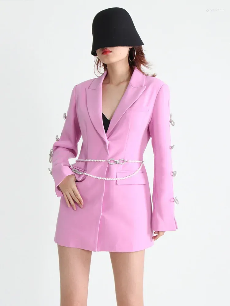 Women`s Suits Slim Diamonds Chain Blazers For Women Notched Collar Long Sleeve Hollow Out Solid Autumn Bow Pearls Office