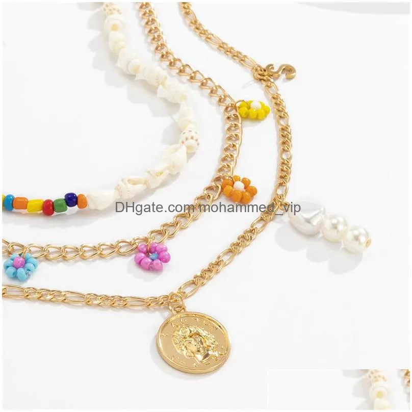 2022 high quality ocean wind shell rice bead flower necklace with metal tag and pearl necklace