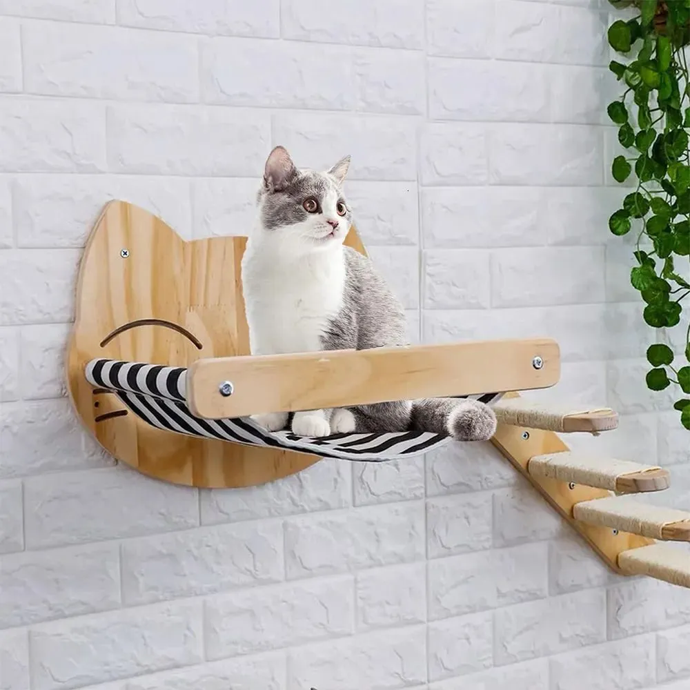 Cat Furniture Scratchers Cat Climbing Stair Shelf Wall Mounted Hammock Scratching Post Reversible Stairway Shelves With Sisal Rope Ladder Wall Furniture