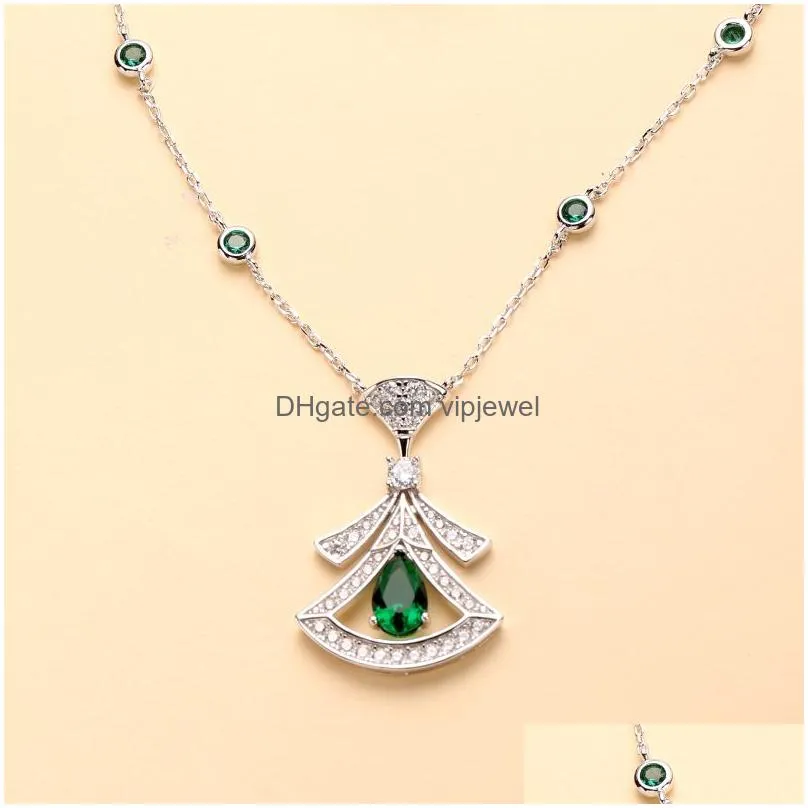 designer collection style fashion necklace stud earrings s925 sterling silver women lady inlay red green diamond fan-shaped pendant jewelry