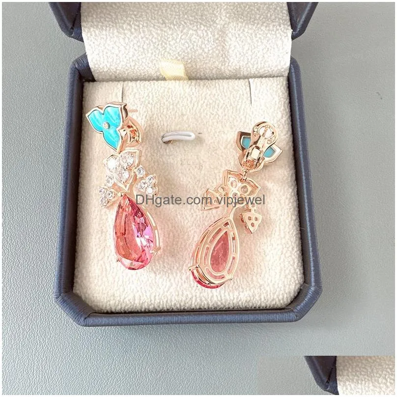 designer collection style high-end earrings necklace women inlay diamond cubic zircon pear-shaped synthetic colourful gem plated rose gold color jewelry