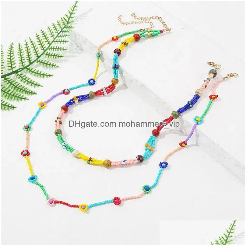 necklace 2 pcs/set bohemian multicolor glass beads handmade beaded chain necklaces for women beach style flower necklace gift