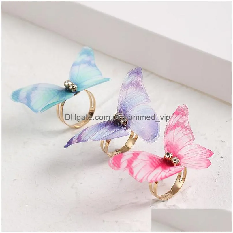 3 pcs/set cute yarn fabric multicolor insect butterfly rings for women gold color metal adjustable opening ring girls jewelry
