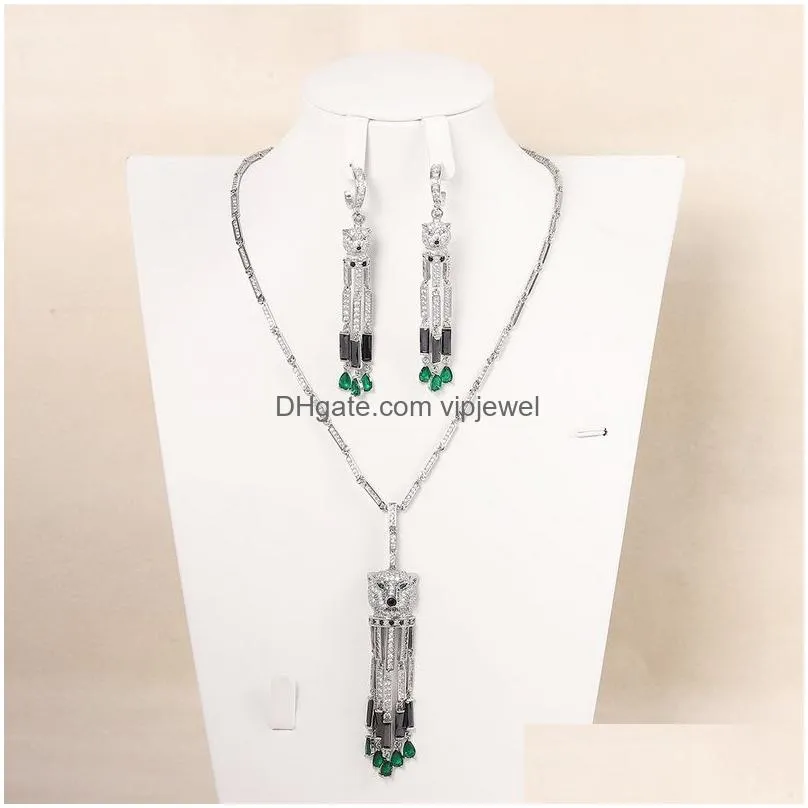 designer collection fashion style earrings necklace women lady inlay full diamond leopard head green cubic zircon pear-shaped tassels pendant jewelry