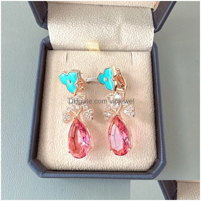 designer collection style high-end earrings necklace women inlay diamond cubic zircon pear-shaped synthetic colourful gem plated rose gold color jewelry