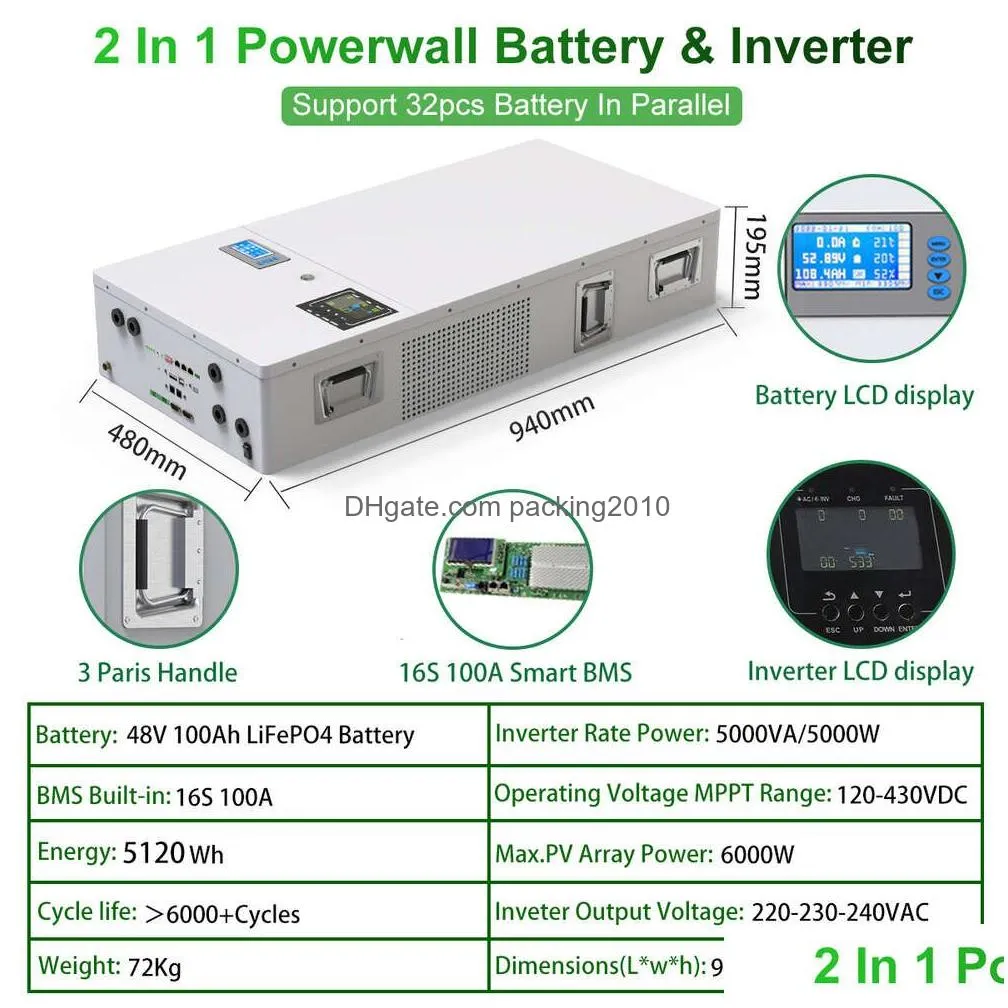 Batteries 48V 100Ah Powerwall 2 In 1 Built-In Inverter Lifepo4 Battery Pack 5Kwh 6000 Cycles Plug And Play With Pv For Home Solar Syst Dhirb