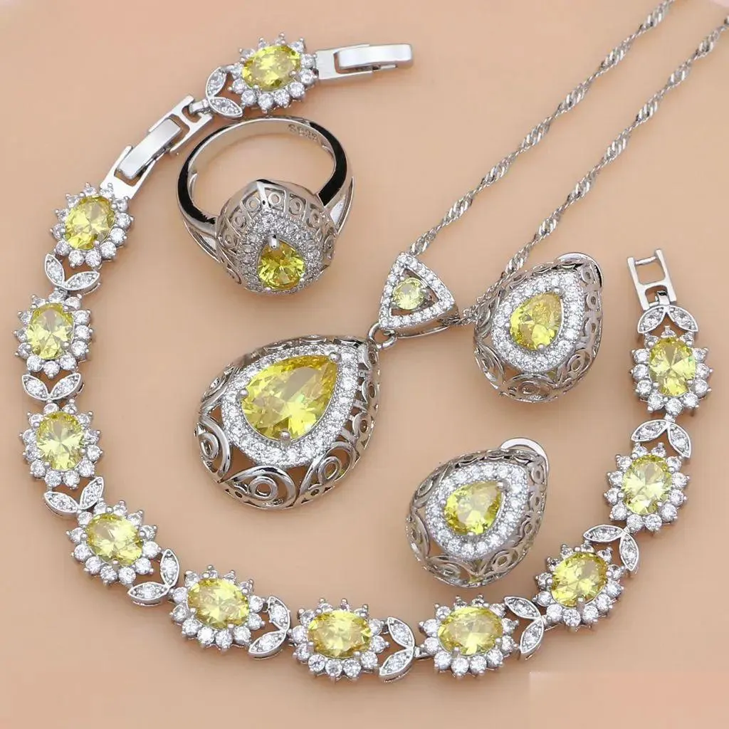 Bracelet Necklace Sets November Birthstone Yellow Topaz Sier 925 Jewelry Set Women Costume Western Teardrop Earring Gift For Her Dr Dhjf5