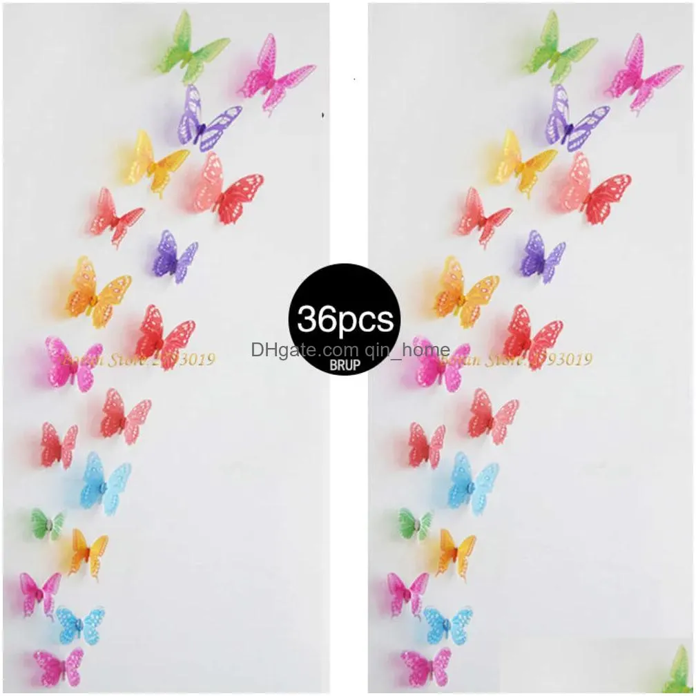 36 pcs 3d colorful crystal butterfly wall stickers with adhesive art decal satin paper butterflies baby kids bedroom home decor