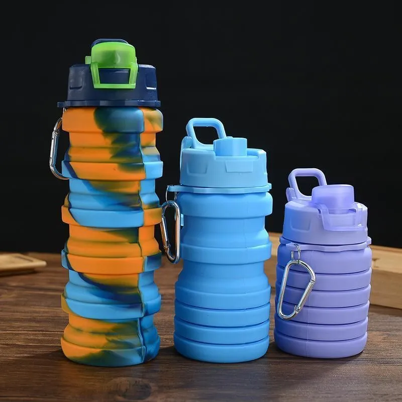 Camouflage Water Bottle Silicone Fold Telescopic Tumbler Carabiner Sports Drinks Cups Portable Hiking Camping Equipment 500ML FY4515