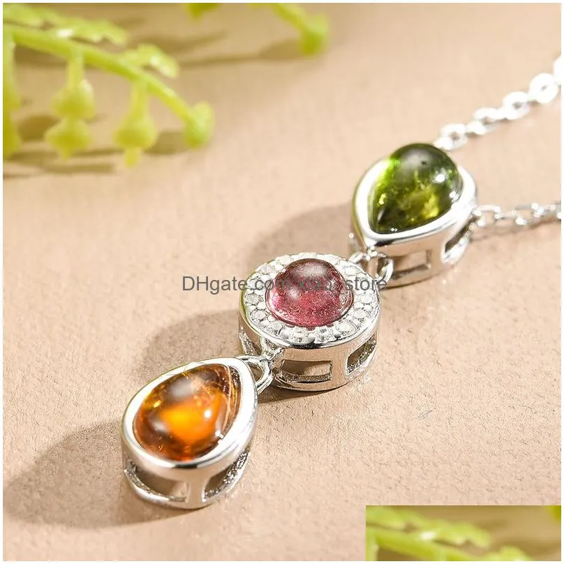 lotus fun natural tourmaline zircon geometric long gemstones necklace real 925 sterling silver fine jewelry necklaces for women q0531