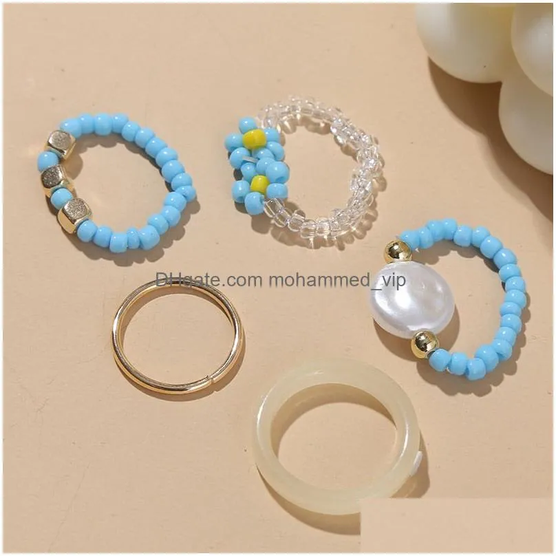 5 pcs/set trendy bohemian gold color metal white acrylic blue glass beads handmade beaded weave flower rings set for women gifts