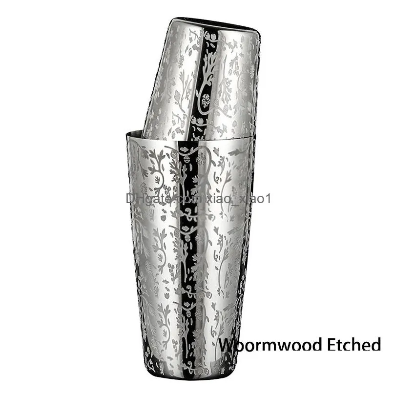  stainless steel style boston cocktail shaker with etched pattern tin set tool- 800ml 500ml
