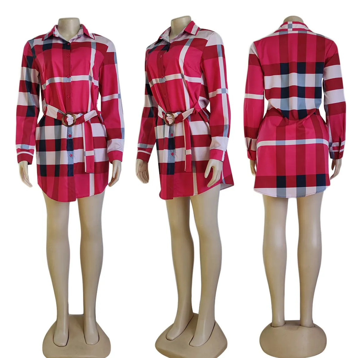 Plaid Shirt Dresses Women Casual Lapel Neck Long Sleeve Mini Dress with Sashes Free Ship