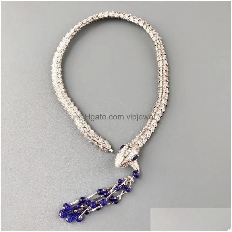 designer collection style dinner party choker neckhole necklace earrings settings full diamond blue beads tassel pendant snake serpent snakelike jewelry