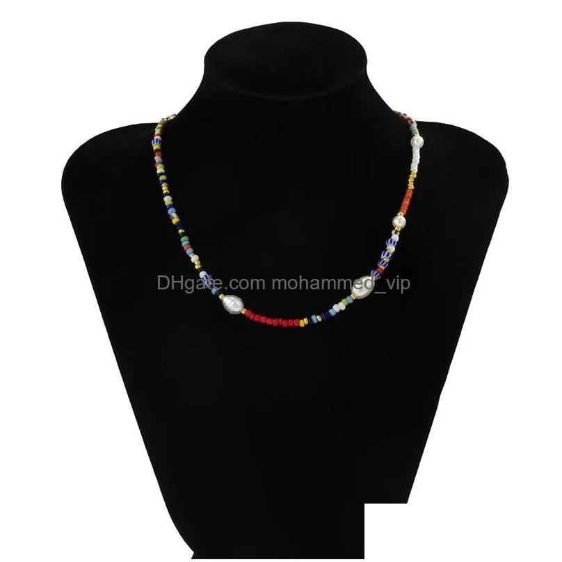 creative contrast color rice bead beaded necklace for women simple geometric single layer necklace