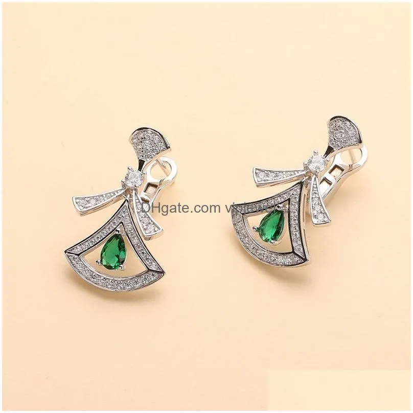 designer collection style fashion necklace stud earrings s925 sterling silver women lady inlay red green diamond fan-shaped pendant jewelry