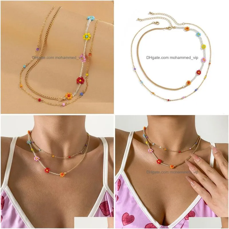 2022 sweet wind color floret rice bead necklace for women hip hop simple metal chain collarbone necklace