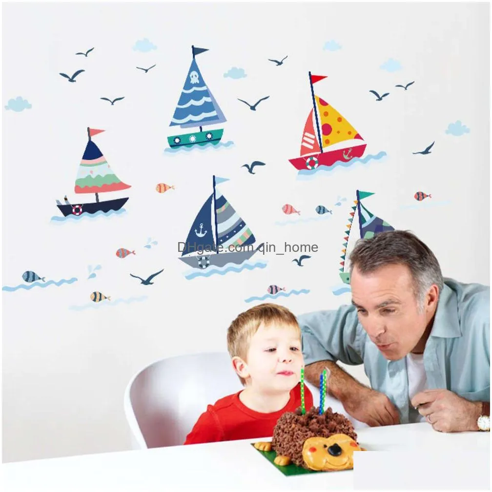 cartoon sailboat wall stickers for bathroom ocean seagull home decor kids room decoration fish wall decals waterproof removable