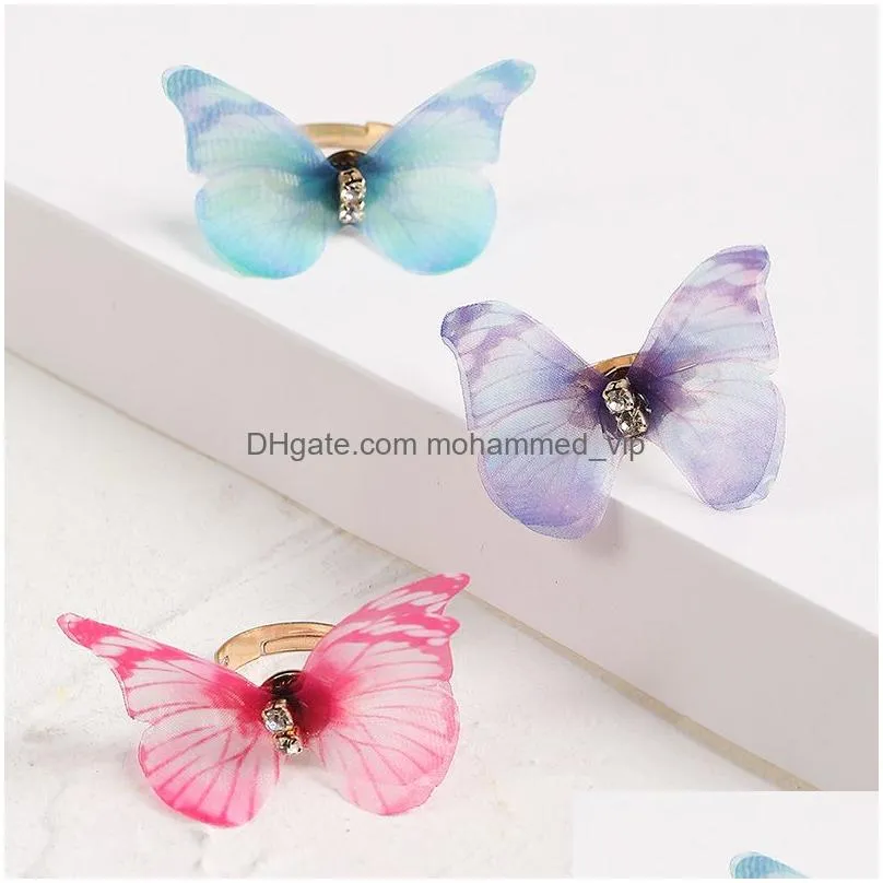 3 pcs/set cute yarn fabric multicolor insect butterfly rings for women gold color metal adjustable opening ring girls jewelry