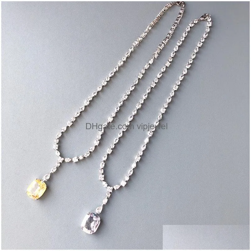 designer collection style necklace earrings women lady inlay white yellow cubic zircon pendant square round pear-shape oval diamond chain high-end