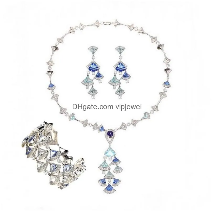 designer collection fashion necklace stud earrings bracelet women lady settings shining colored cubic zircon diamond fan-shaped tassels pendant jewelry
