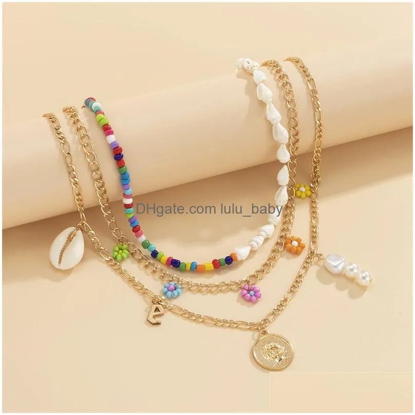 2022 high quality ocean wind shell rice bead flower necklace with metal tag and pearl necklace