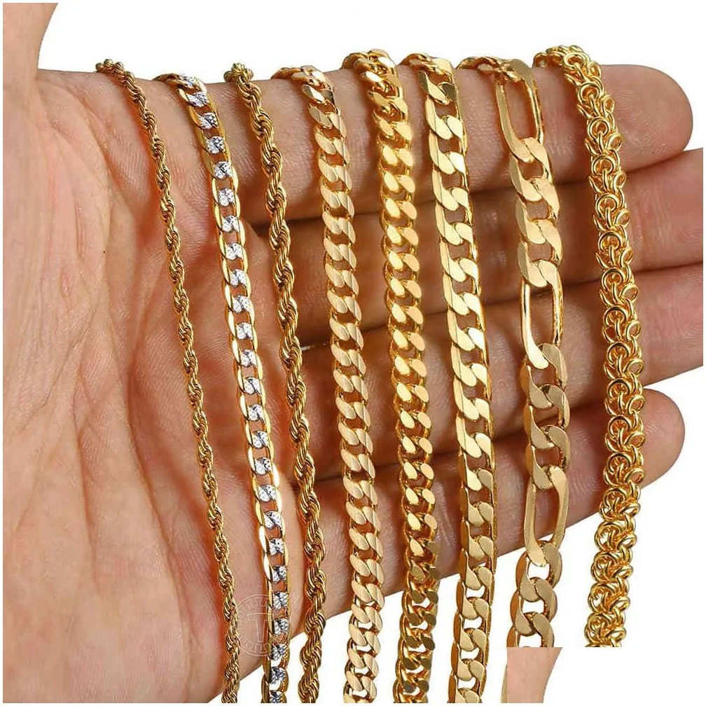 Gold Chain For Men Women Wheat Figaro Rope Cuban Link Chain Gold Filled Stainless Steel Necklaces Male Jewelry Gift Wholesale