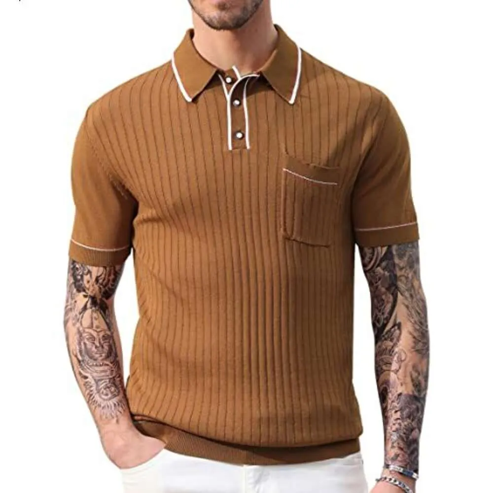 PJ PAUL JONES Men`s Short Sleeve Knitted Polo Shirts Vintage Button-Up Summer Polo Shirt