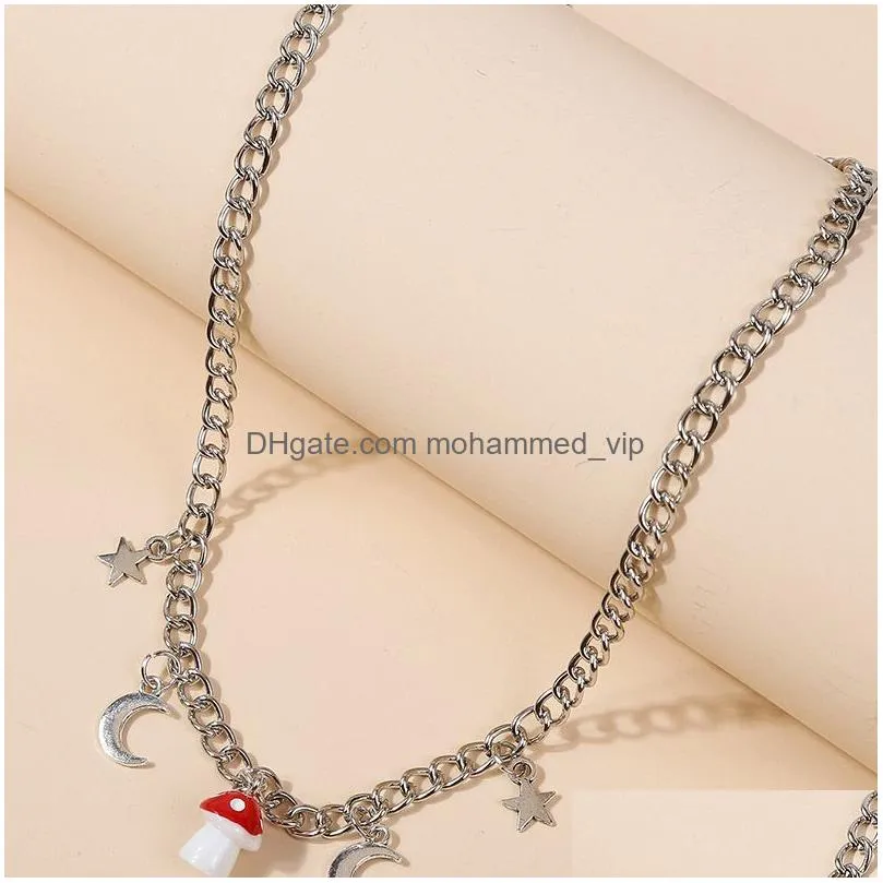 fashion silver color metal chain star moon pendants necklaces for women cute red white resin mushroom necklace party jewelry