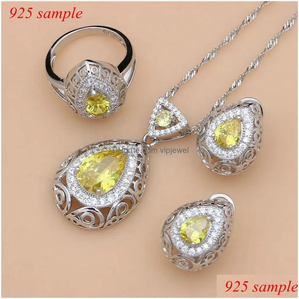 Bracelet Necklace Sets November Birthstone Yellow Topaz Sier 925 Jewelry Set Women Costume Western Teardrop Earring Gift For Her Dr Dhjf5