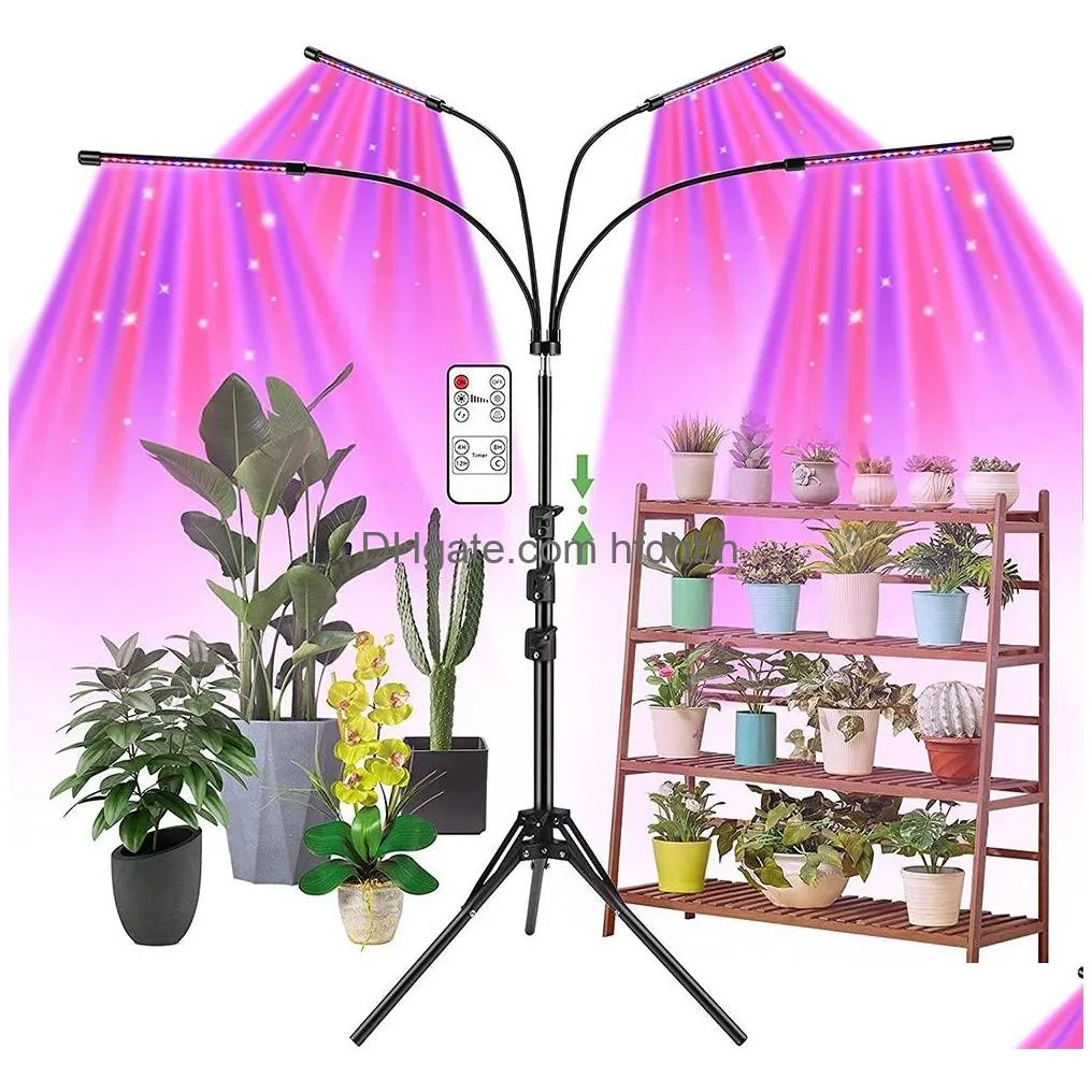 led grow lights 4 heads indoor plants full spectrum light tripod adjustable stand floor 4/8/12h timer with remote control