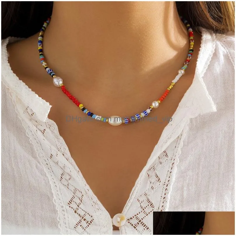 creative contrast color rice bead beaded necklace for women simple geometric single layer necklace