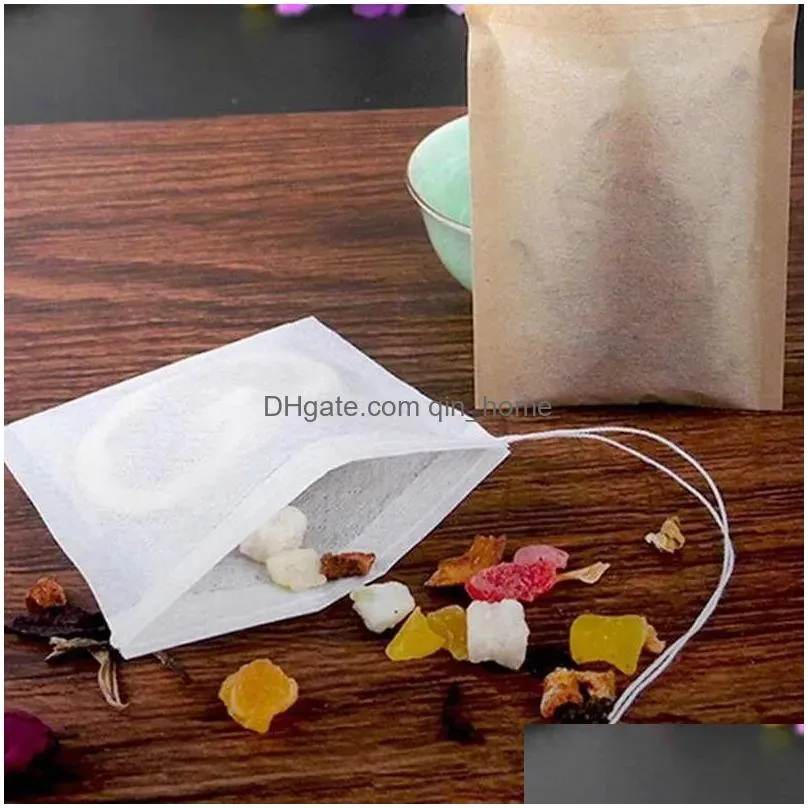 100 pcs/lot tea filter bag strainers tools natural unbleached wood pulp paper disposable infuser empty bags with drawstring pouch