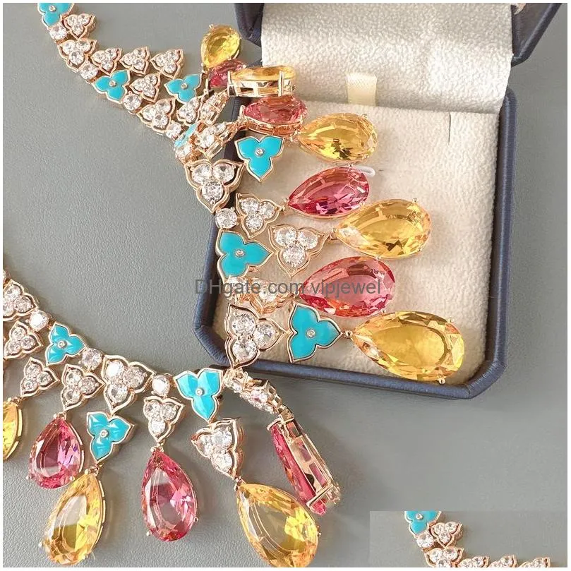 designer collection style high-end earrings necklace women inlay diamond cubic zircon pear-shaped synthetic colourful gem plated rose gold color jewelry