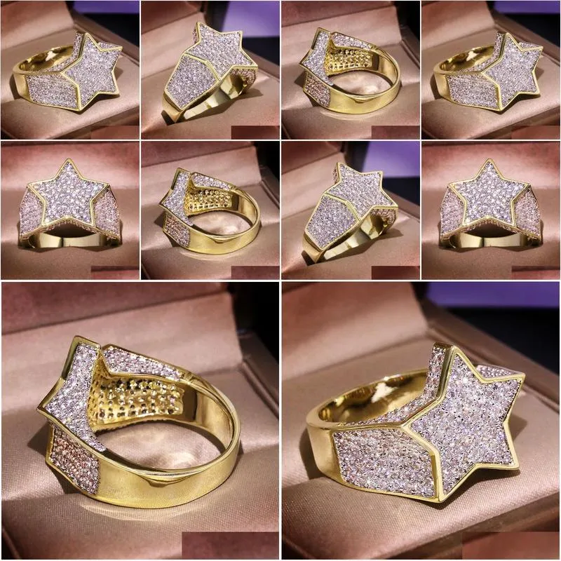Mens Iced Out Gold Rings High Quality Five-pointed Star Stones Rings Hip Hop Ring Jewelry