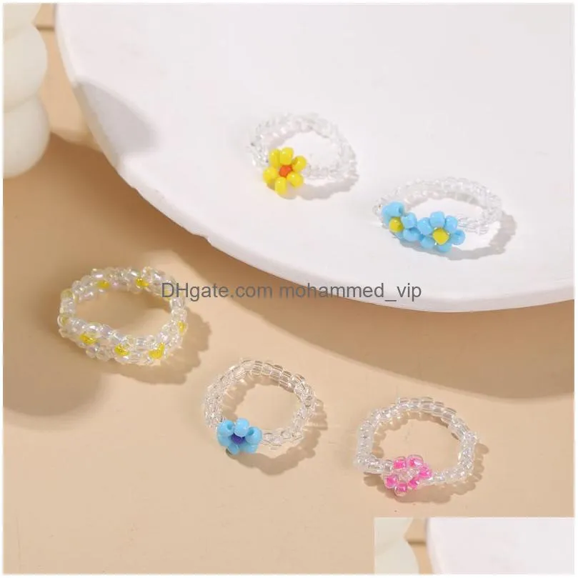 5 pcs/set female fashion glass beads handmade beaded elastic rope adjustable weave flower rings set for women girls jewelry gift