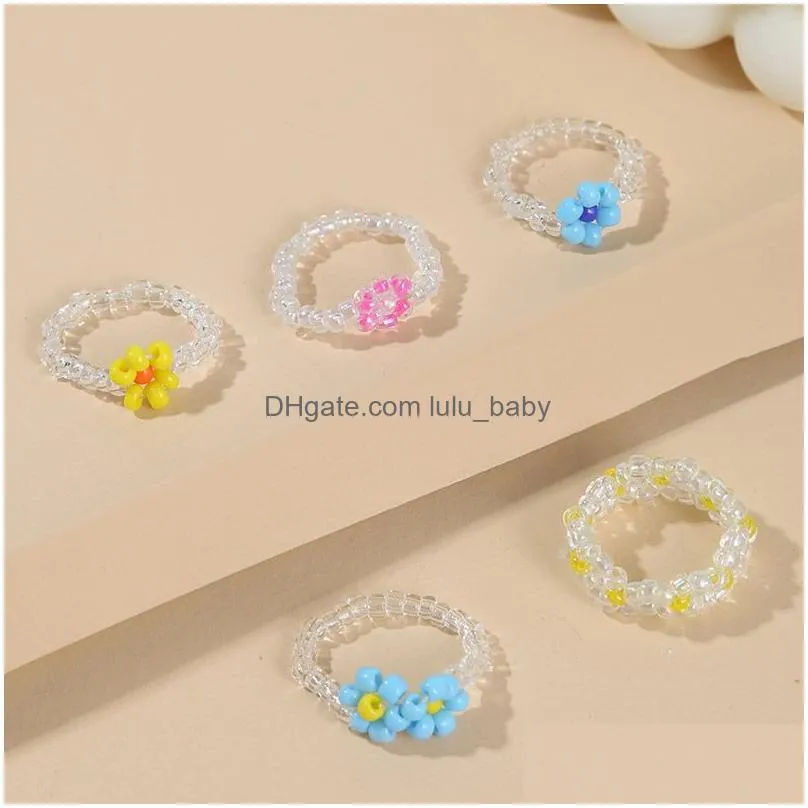 5 pcs/set female fashion glass beads handmade beaded elastic rope adjustable weave flower rings set for women girls jewelry gift