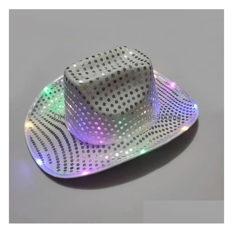 Party Hats Wholesale Cowgirl Led Hat Flashing Light Up Sequin  Luminous Caps Halloween Costume New 0829 Drop Delivery Home Garde Dhrot