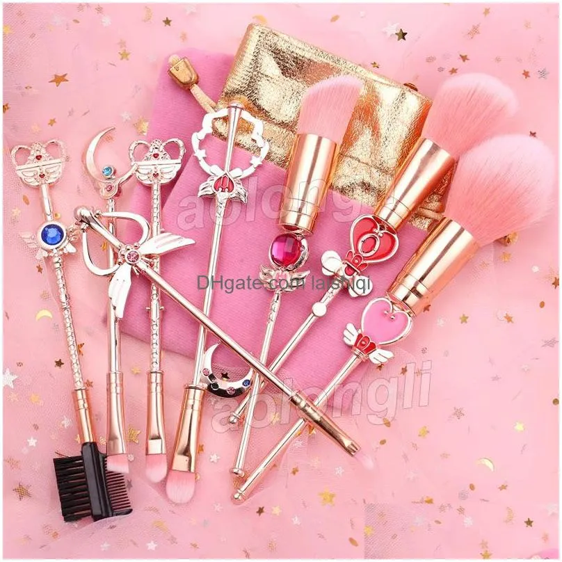 sailor moon makeup brush magical girl 8pcs brushes set rose gold cardcaptor sakura cosmetic brush with cute pink bag make up tool