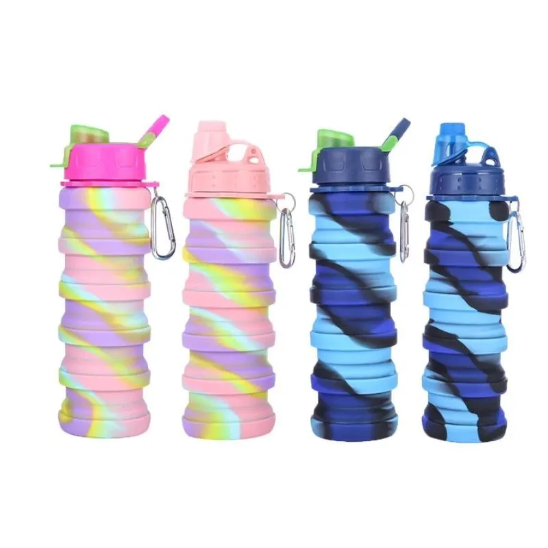 Camouflage Water Bottle Silicone Fold Telescopic Tumbler Carabiner Sports Drinks Cups Portable Hiking Camping Equipment 500ML FY4515