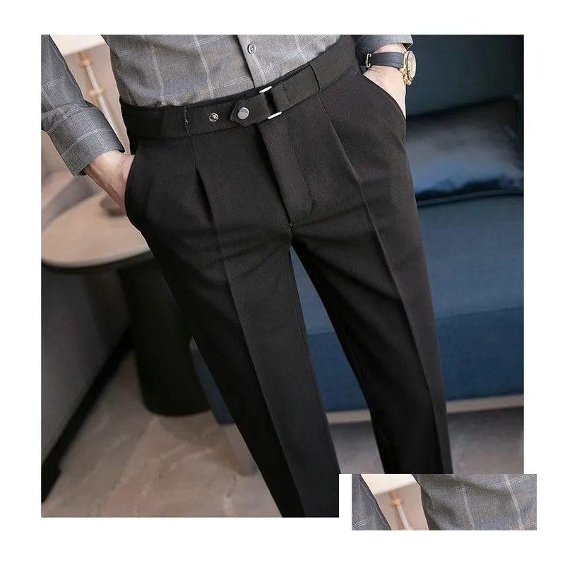 9 Part Pants For Men Pleated Pants Korean Fashion Ankle Length Streetwear Casual Pant Men`s Formal Trousers Slacks Chinos New Brand