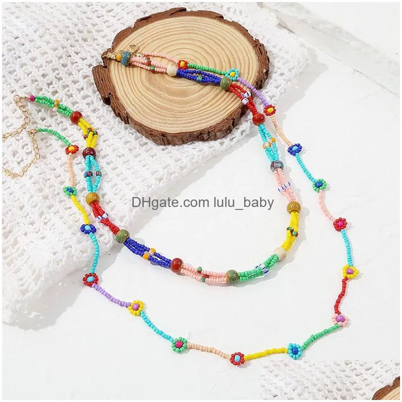 necklace 2 pcs/set bohemian multicolor glass beads handmade beaded chain necklaces for women beach style flower necklace gift