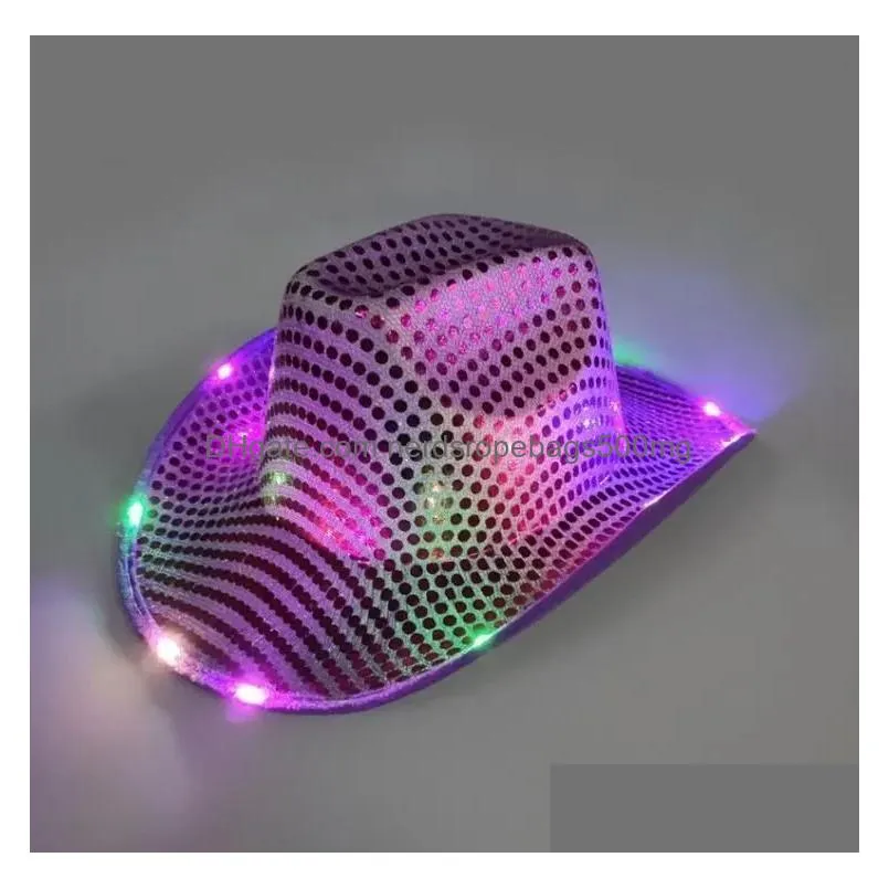 Party Hats Wholesale Cowgirl Led Hat Flashing Light Up Sequin  Luminous Caps Halloween Costume New 0829 Drop Delivery Home Garde Dhrot