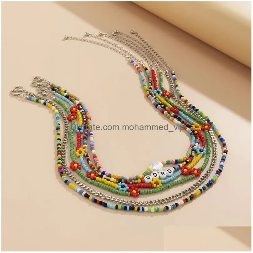2022 high quality colorful bohemian colored daisy flower rice bead necklace 6-piece set