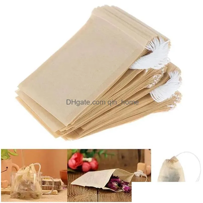 100 pcs/lot tea filter bag strainers tools natural unbleached wood pulp paper disposable infuser empty bags with drawstring pouch