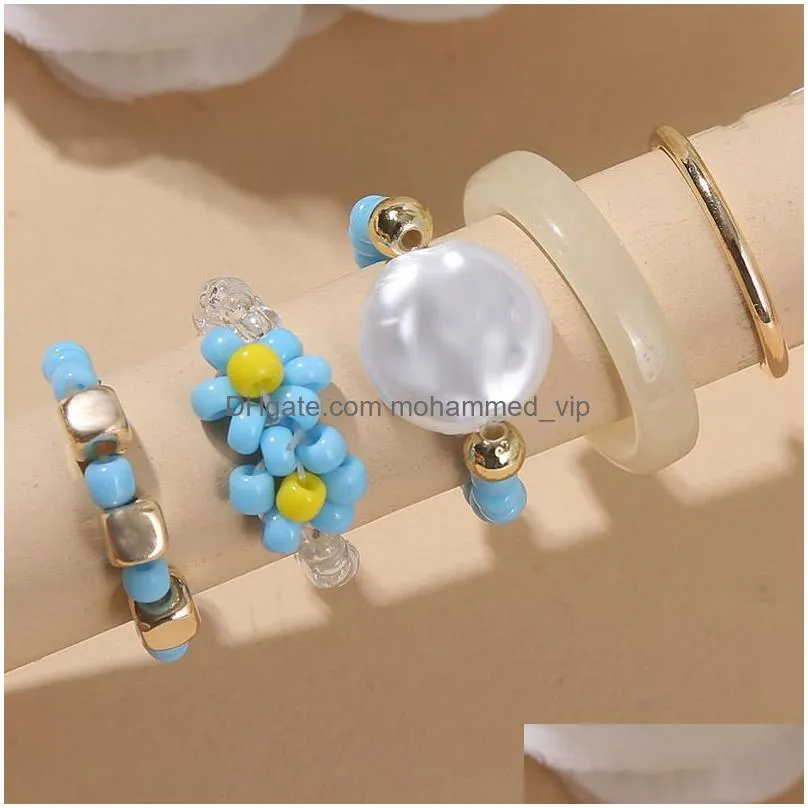 5 pcs/set trendy bohemian gold color metal white acrylic blue glass beads handmade beaded weave flower rings set for women gifts