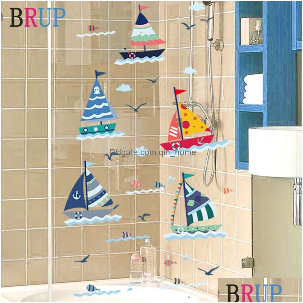 cartoon sailboat wall stickers for bathroom ocean seagull home decor kids room decoration fish wall decals waterproof removable