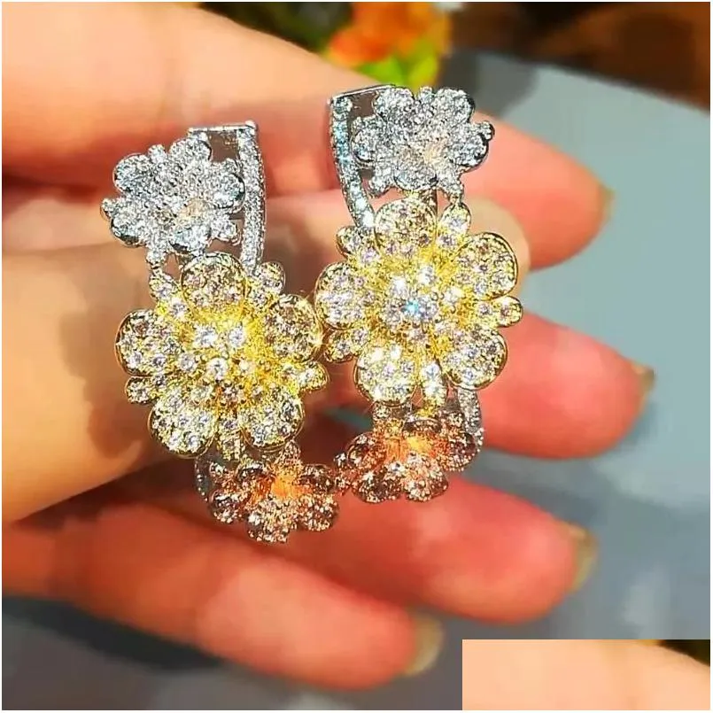 mirco paved cubic zirconia charm shiny blooming flowers hoop earrings for women bridal wedding gift important occasion jewelry
