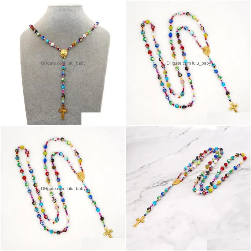 shinus 2020 fashion bohemian women jewelry seed beaded necklace rainbow macrame christian cross pendant popcorn beads necklaces